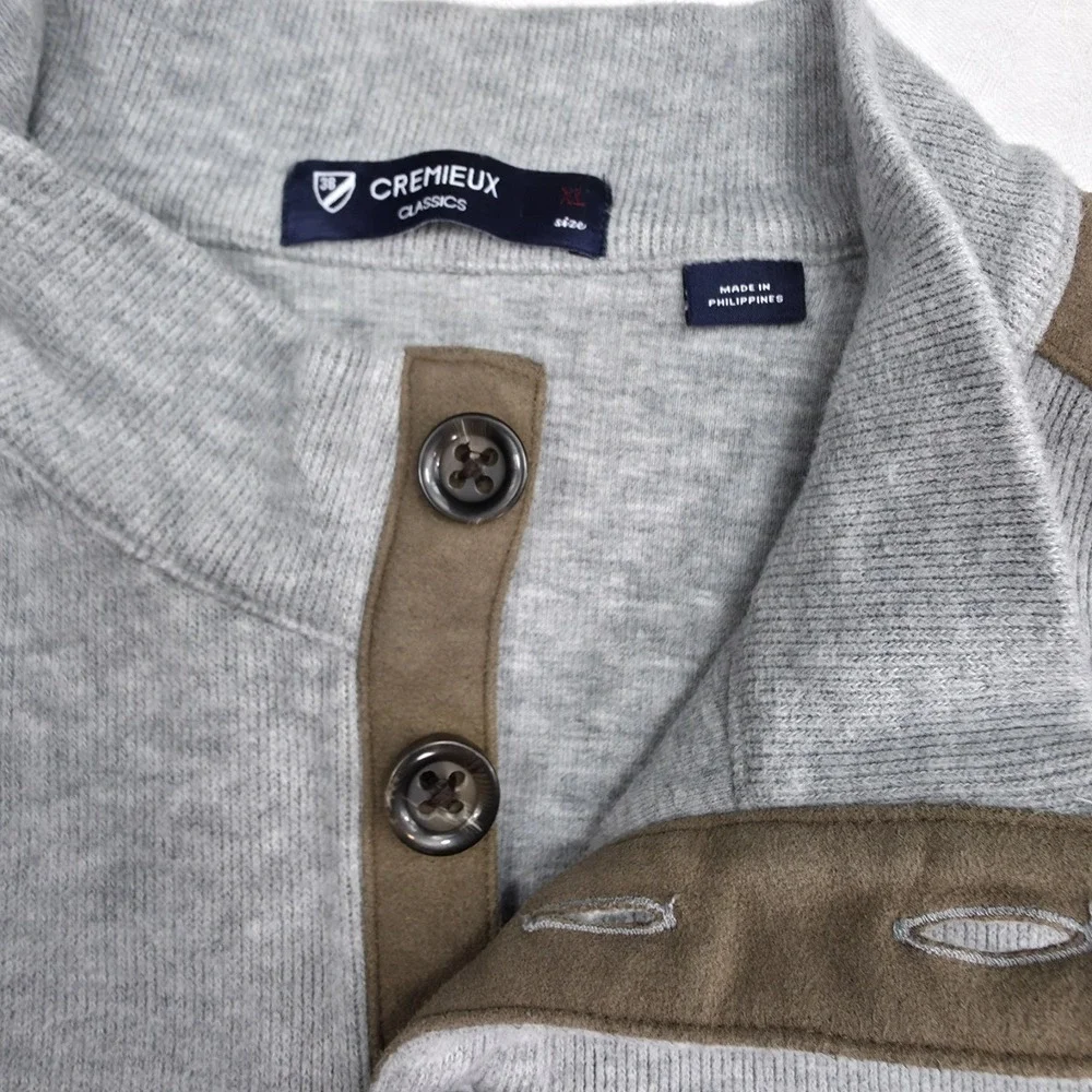 Cremieux Classics Mens XL Gray Mock Neck Button Sweater Olive Elbow Patches
